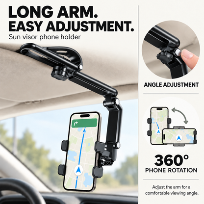 🚗 360° Rotating Car Sun Visor Phone Holder – Foldable & Adjustable Hands-Free Phone Mount