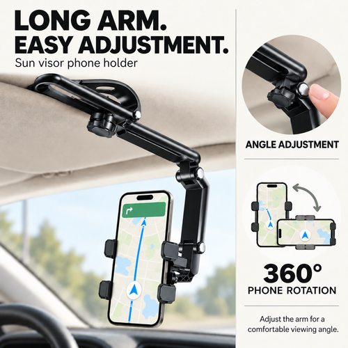 🚗 360° Rotating Car Sun Visor Phone Holder – Foldable & Adjustable Hands-Free Phone Mount