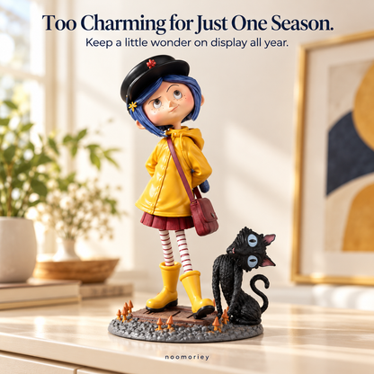 💛 A Little Mystery, A Lot of Charm – Raincoat Girl & Black Cat Collectible Figurine for Halloween & Year-Round Display 🐈‍⬛
