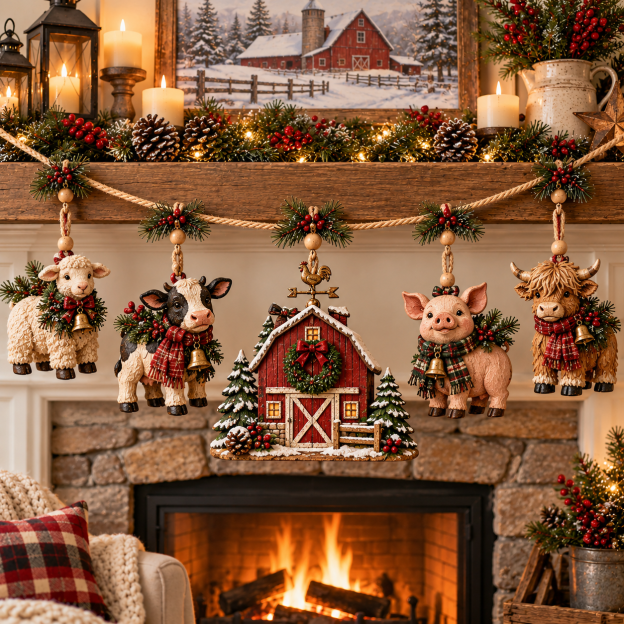 Christmas farm friends garland in a cozy farmhouse-inspired display