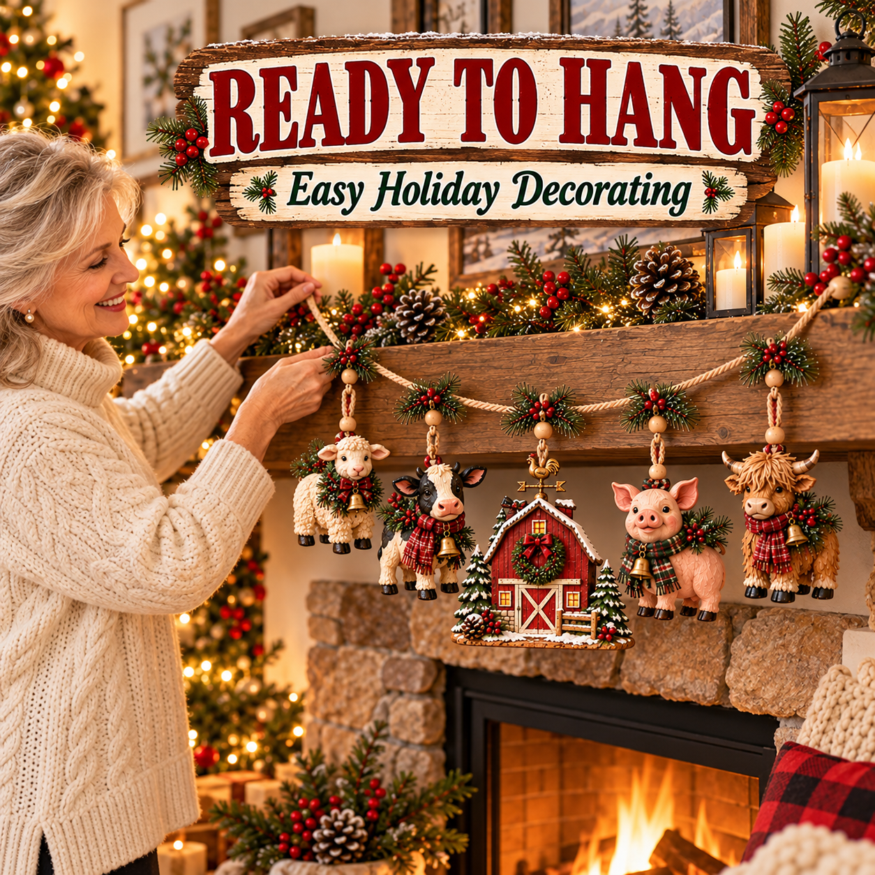 Rustic beads greenery and festive elements on the farm garland