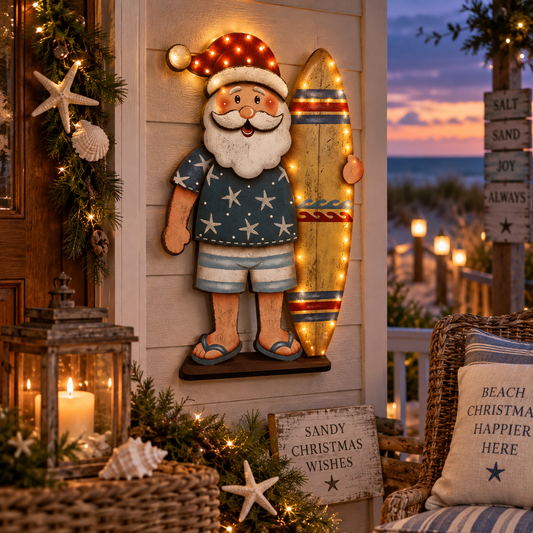🏄‍♀️Seaside Santa – Vintage Lighted Coastal Christmas Wall Decor