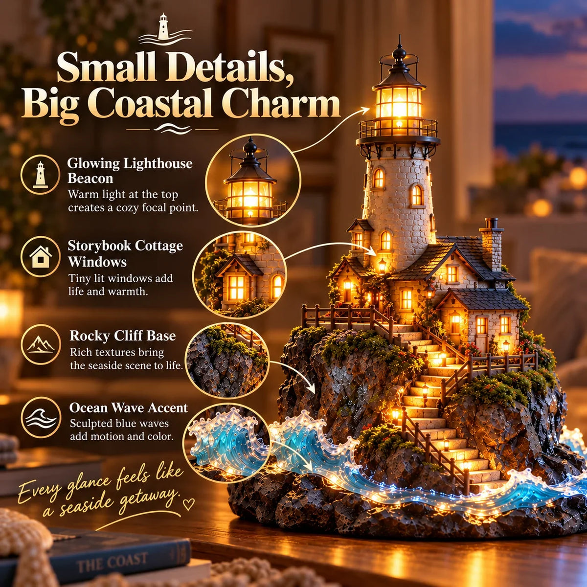 🗼 Illuminated Coastal Lighthouse Scene | Warm Seaside Tabletop Décor
