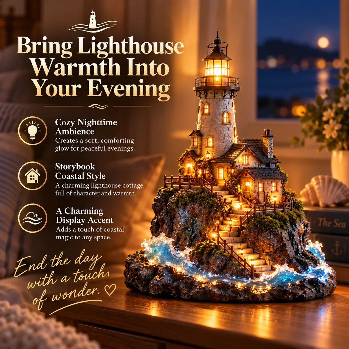 🗼 Illuminated Coastal Lighthouse Scene | Warm Seaside Tabletop Décor