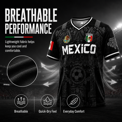 Mexico Virgen de Guadalupe Soccer Jersey for Men – White & Red Retro Football Shirt with Sugar Skull & Aztec Calendar Graphic