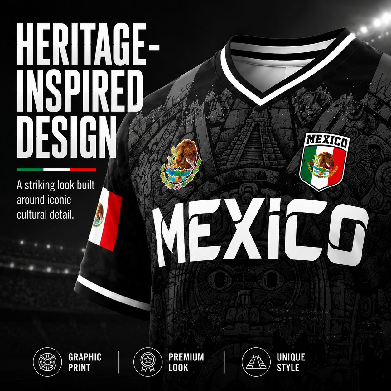 Mexico Virgen de Guadalupe Soccer Jersey for Men – White & Red Retro Football Shirt with Sugar Skull & Aztec Calendar Graphic