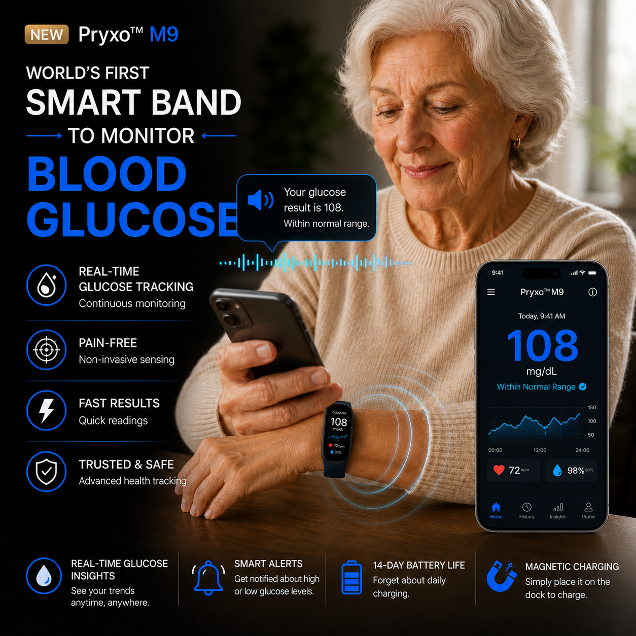 🔥80% OFF Launch Offer 🏆 2026 M9 Non-Invasive Smart Band 📈12 health reports - No-Prick
