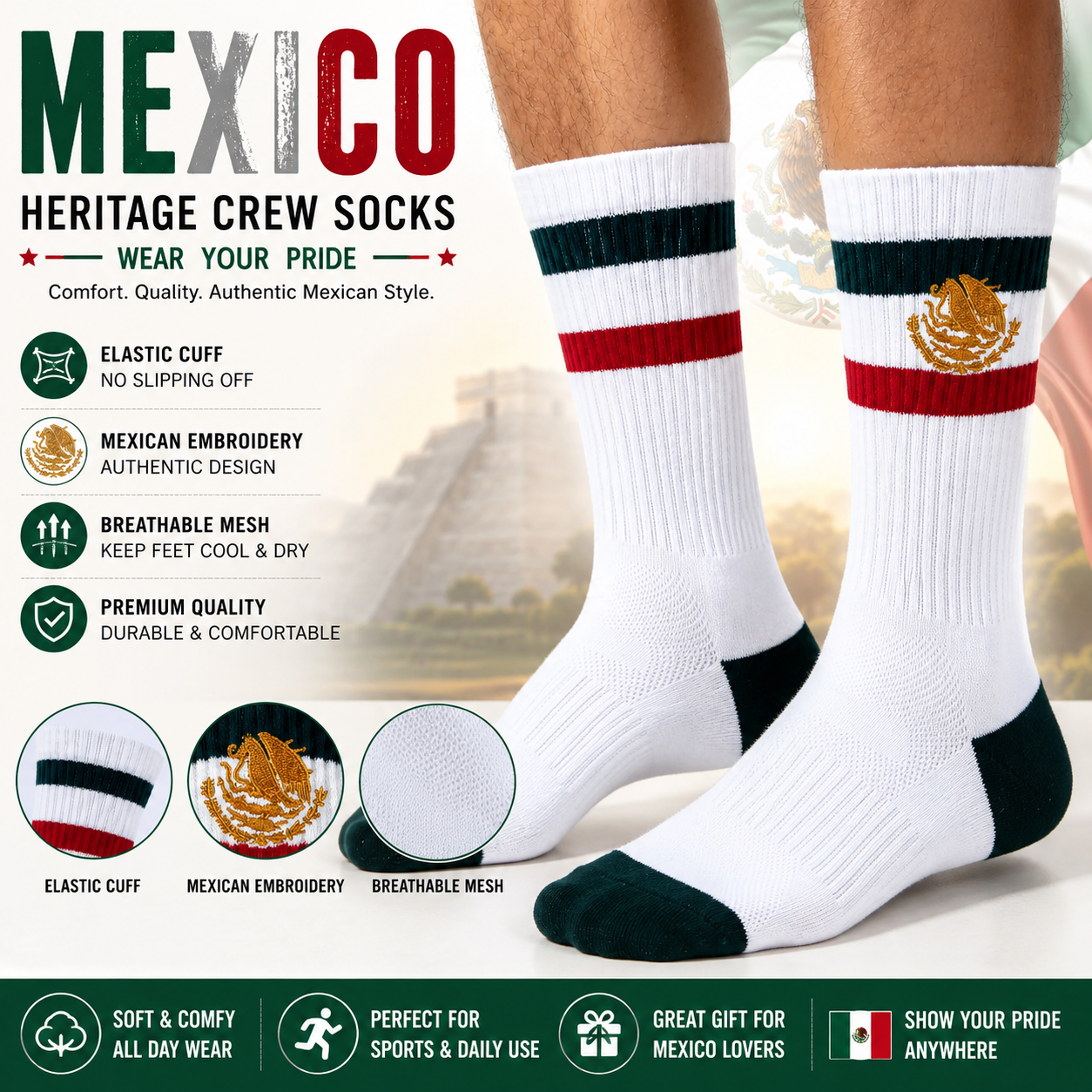 2 Pairs Retro Mexican Pride Crew Socks - Gold Embroidered Striped Streetwear Socks