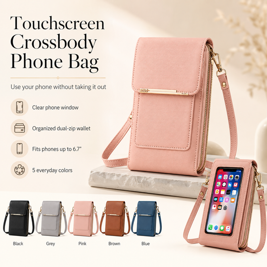 Touchscreen Crossbody Phone Bag – Use Your Phone Through the Clear Window, 3 Card Slots & Dual-Zipper Secure Storage