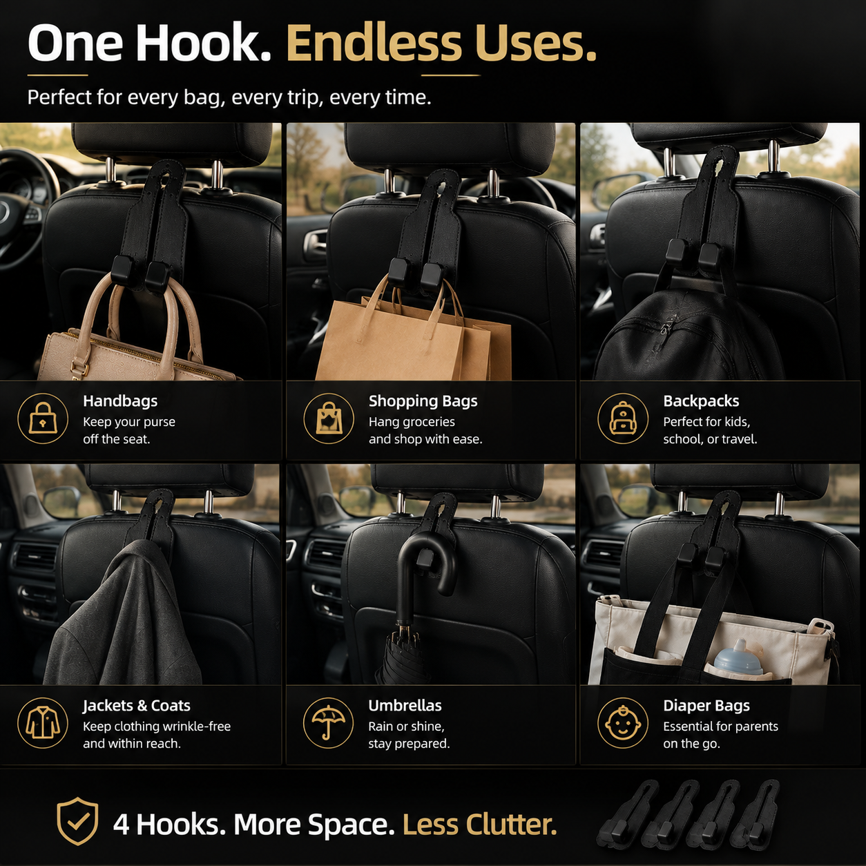 🚗 4-Pack Car Seat Back Hooks – Premium Bag Holder Organizer for Purses, Groceries & Jackets