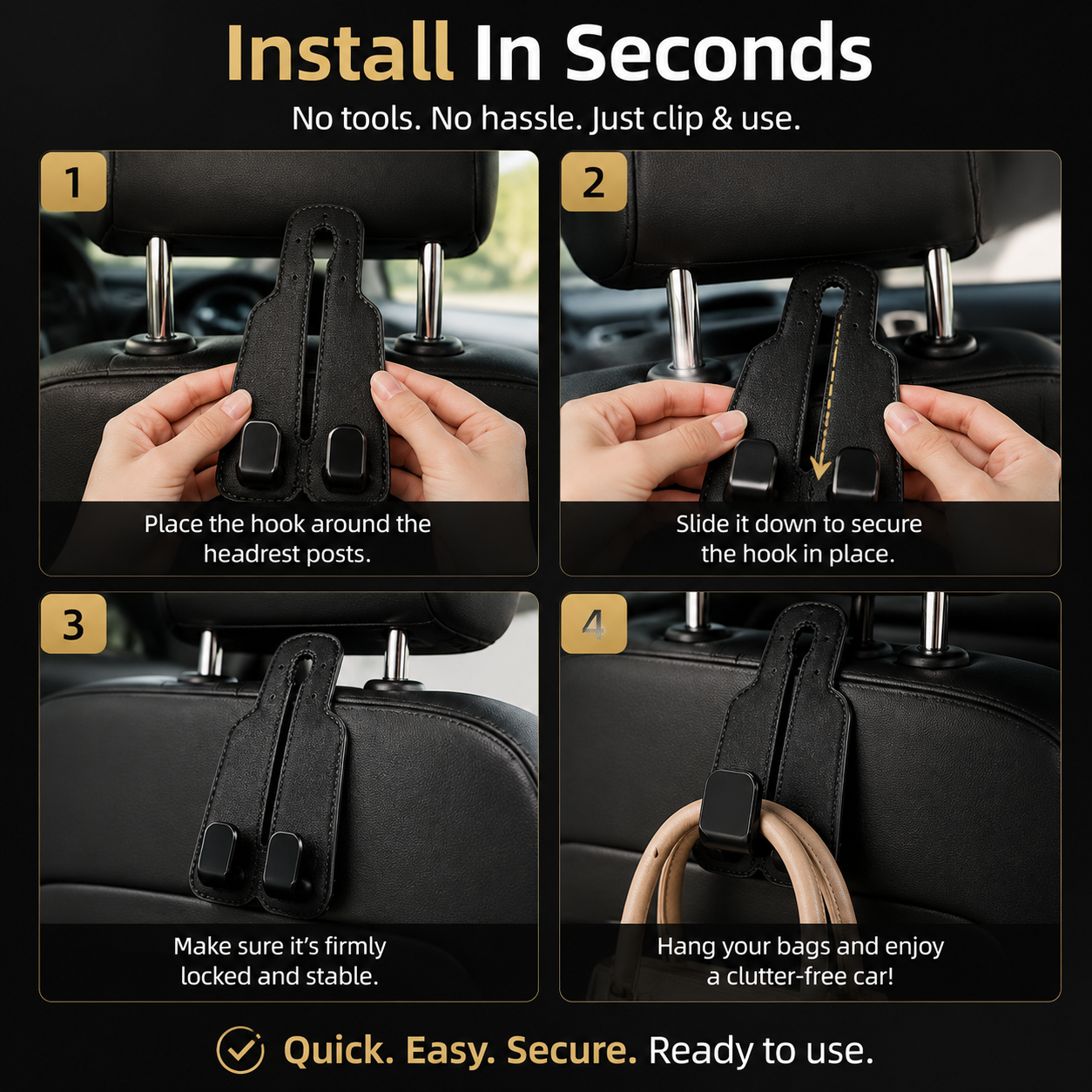 🚗 4-Pack Car Seat Back Hooks – Premium Bag Holder Organizer for Purses, Groceries & Jackets