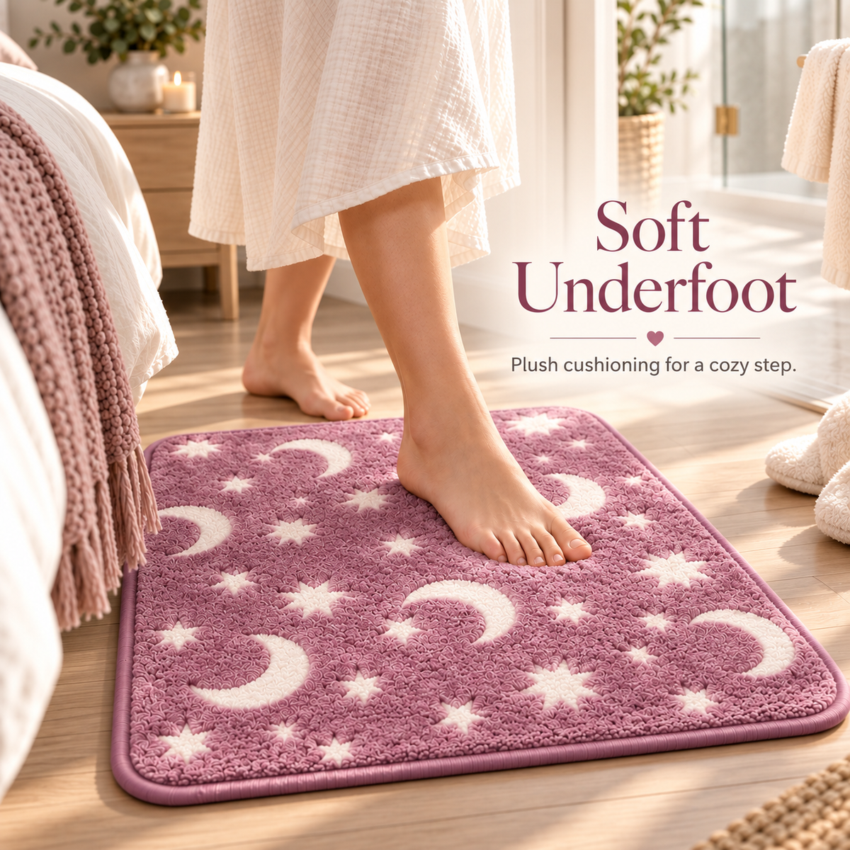 🌙 Glow-in-the-Dark Moon & Star Bathroom Mat Set – 3 Piece Plush Set