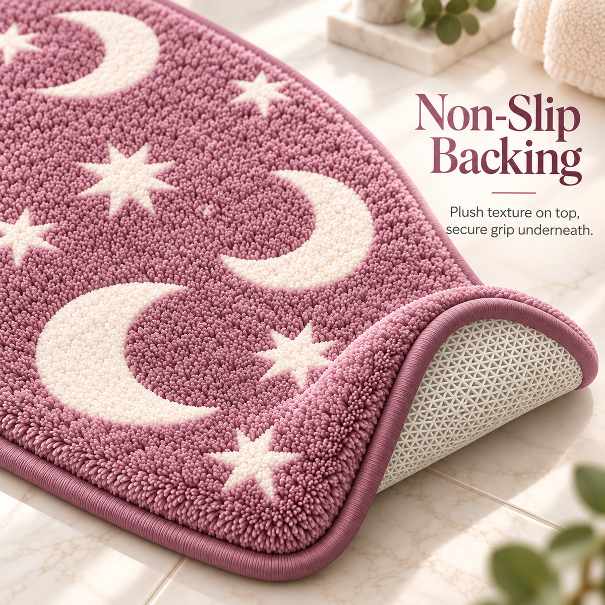 🌙 Glow-in-the-Dark Moon & Star Bathroom Mat Set – 3 Piece Plush Set