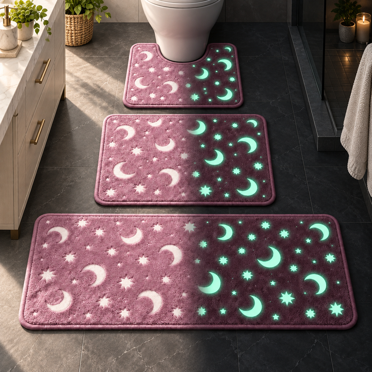 🌙 Glow-in-the-Dark Moon & Star Bathroom Mat Set – 3 Piece Plush Set
