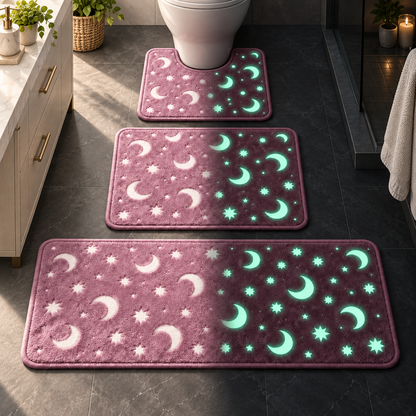 🌙 Glow-in-the-Dark Moon & Star Bathroom Mat Set – 3 Piece Plush Set