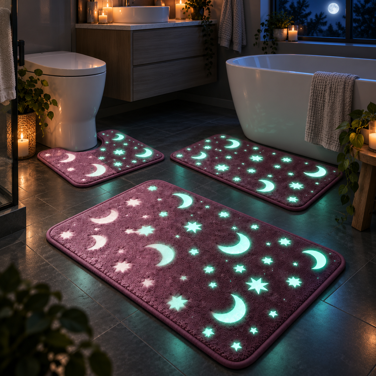 🌙 Glow-in-the-Dark Moon & Star Bathroom Mat Set – 3 Piece Plush Set
