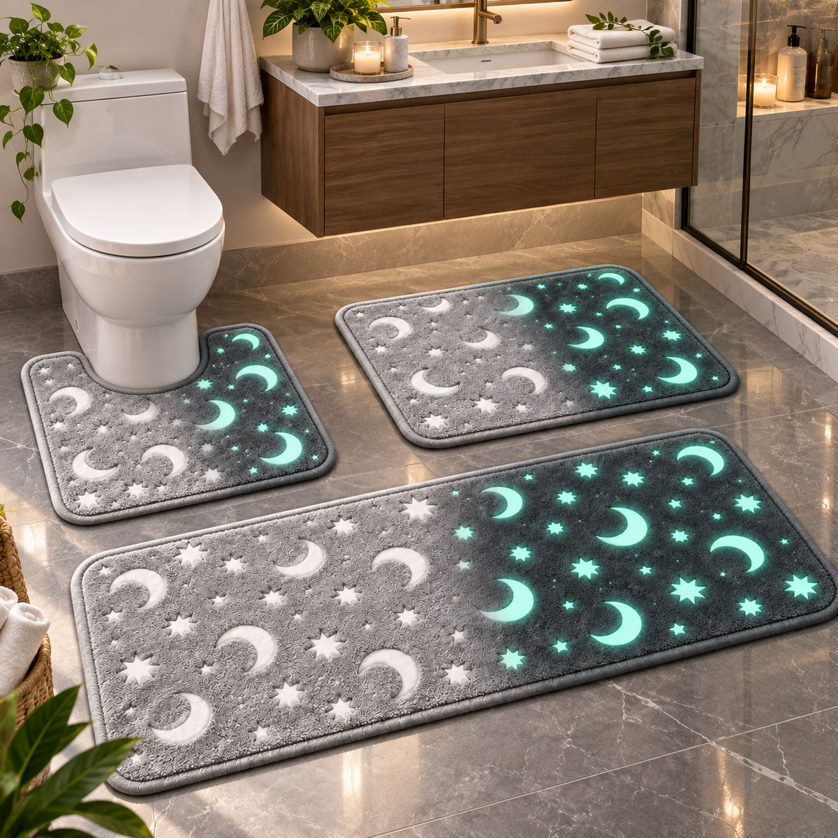 🌙 Glow-in-the-Dark Moon & Star Bathroom Mat Set – 3 Piece Plush Set