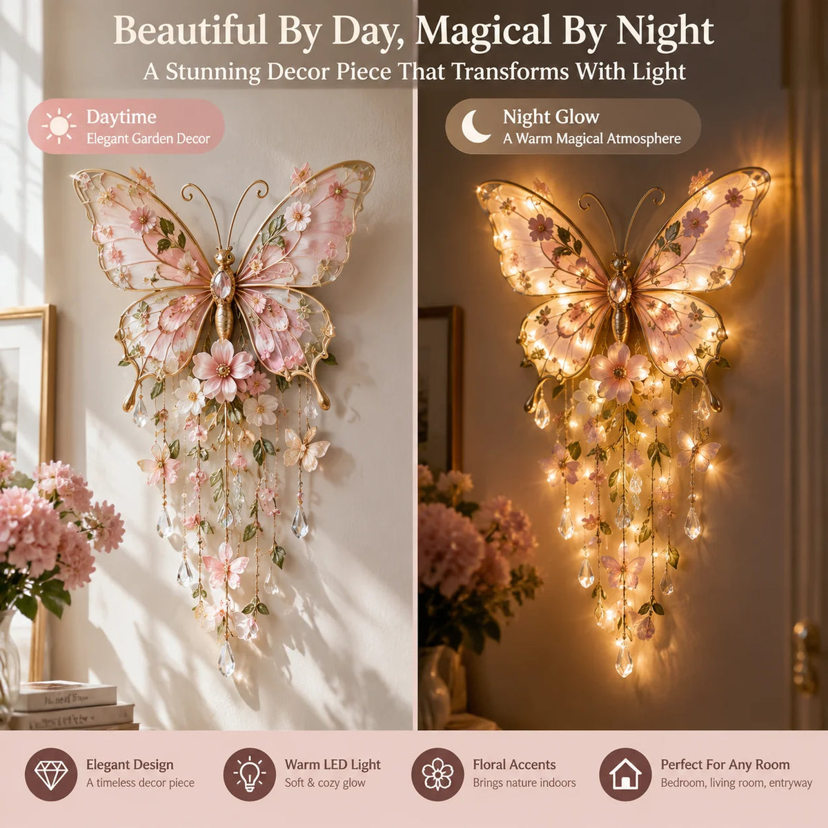 🦋 Butterfly Garden Glow™ – Romantic Floral Wall Light with Warm Ambient Illumination & Crystal Accents