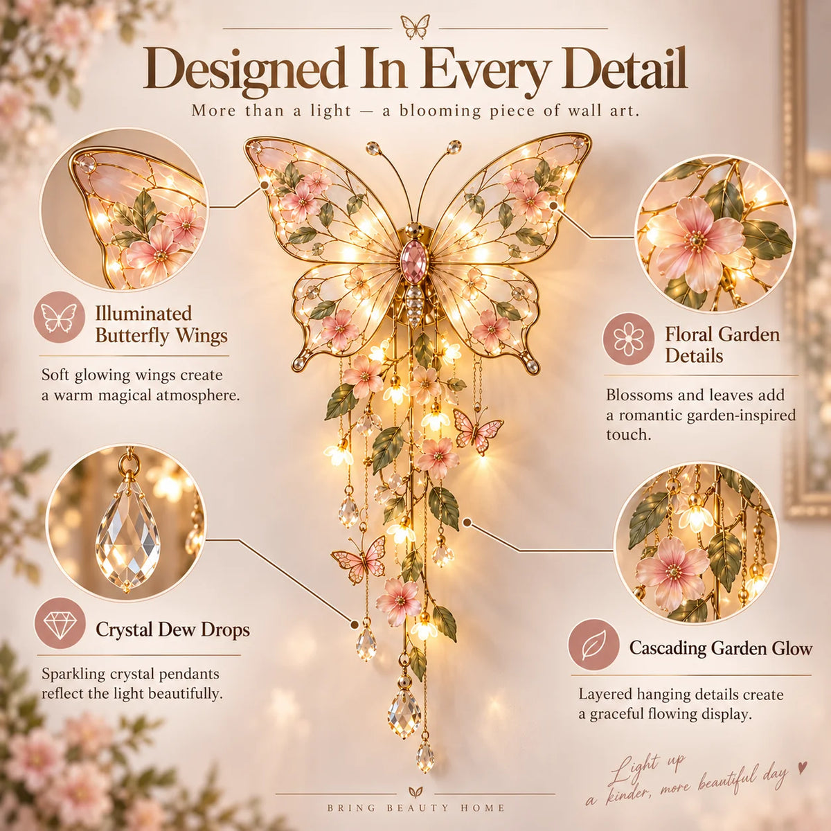 🦋 Butterfly Garden Glow™ – Romantic Floral Wall Light with Warm Ambient Illumination & Crystal Accents