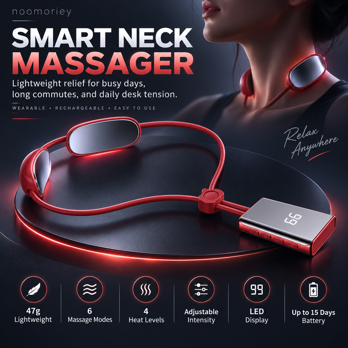 🔥 Mini Heated Neck Massager Necklace – 4 Modes, 9 Intensity Levels & Dual-Pulse Relaxation