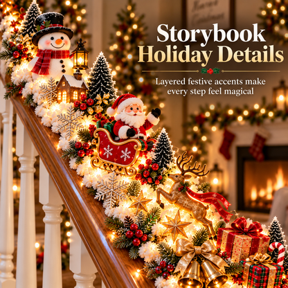 🎅 Santa’s Sleigh Snowy Stair Railing Decor | Pre-Lit Christmas Banister Garland