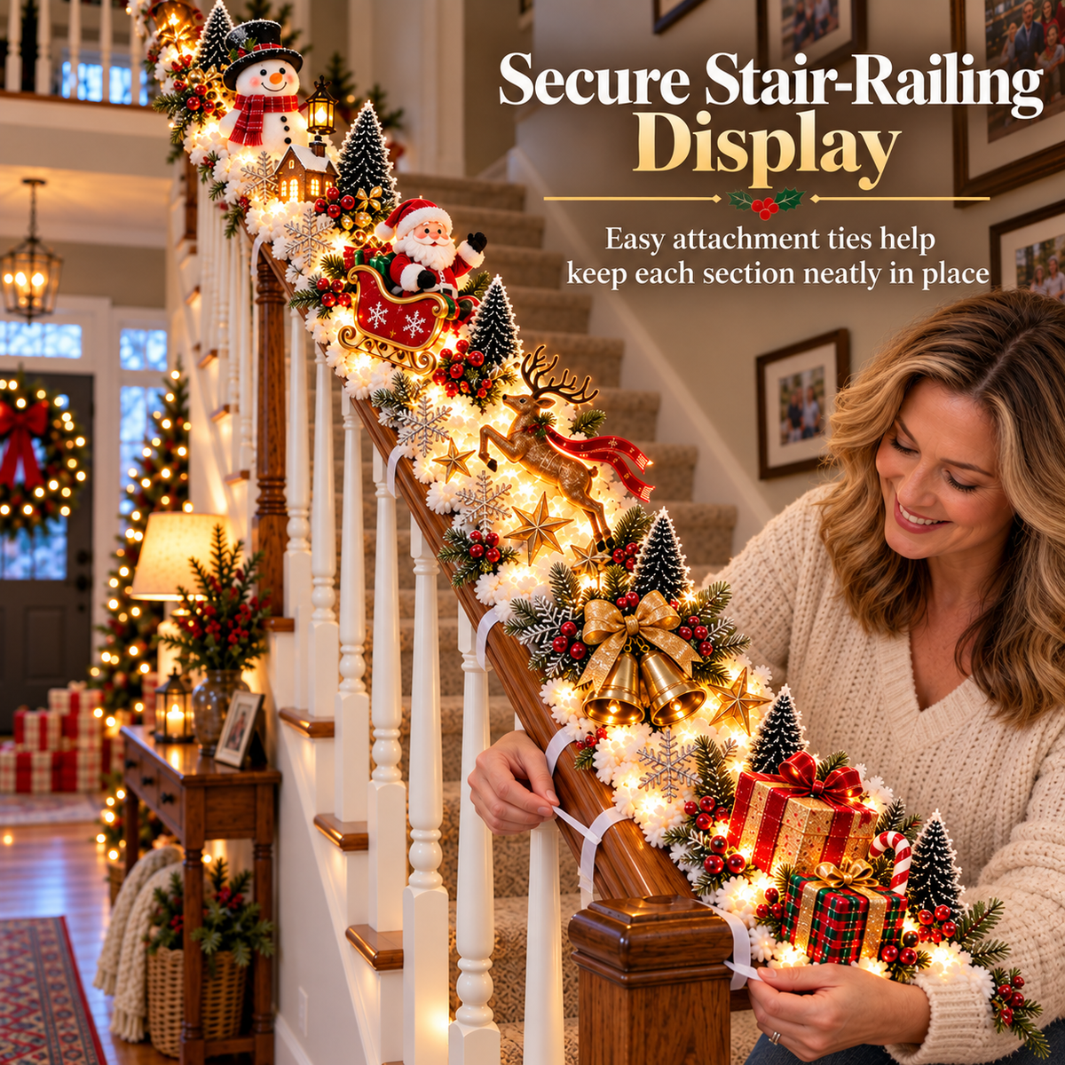 🎅 Santa’s Sleigh Snowy Stair Railing Decor | Pre-Lit Christmas Banister Garland