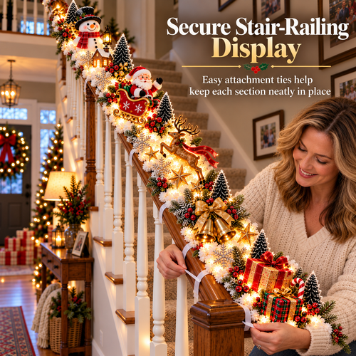 🎅 Santa’s Sleigh Snowy Stair Railing Decor | Pre-Lit Christmas Banister Garland