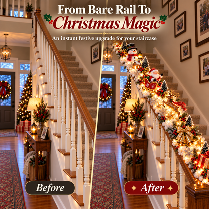 🎅 Santa’s Sleigh Snowy Stair Railing Decor | Pre-Lit Christmas Banister Garland