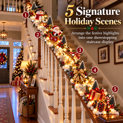 🎅 Santa’s Sleigh Snowy Stair Railing Decor | Pre-Lit Christmas Banister Garland