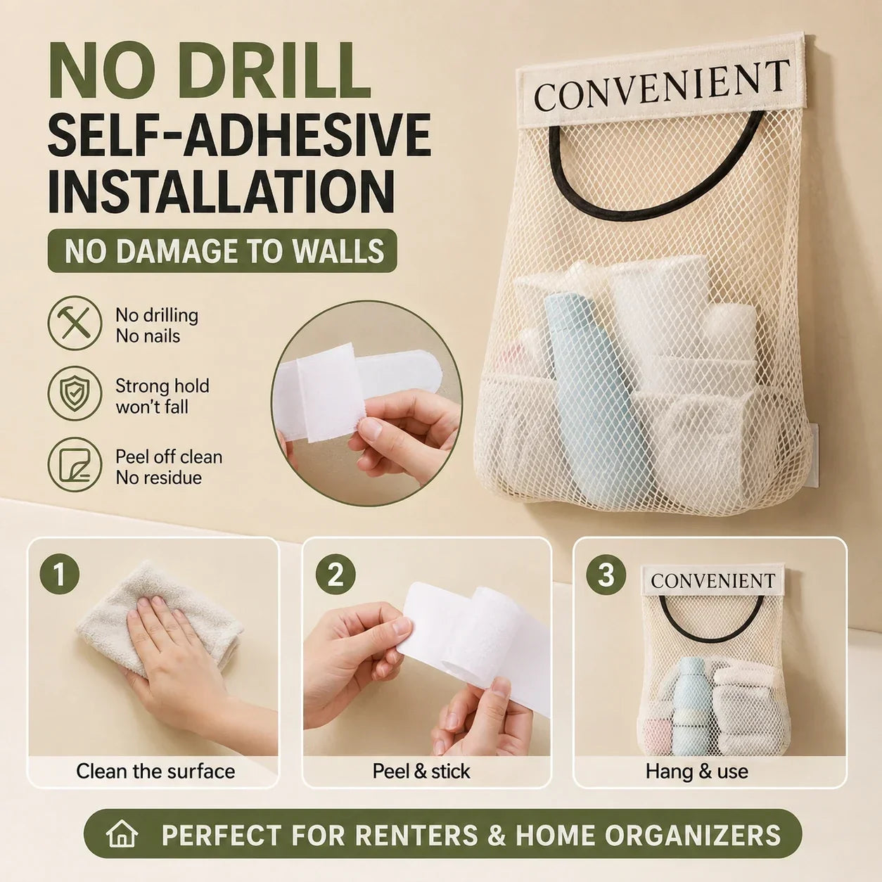 🔥LAST DAY 49% OFF - No-Drill Hanging Mesh Storage Bag | Adhesive Wall Organizer