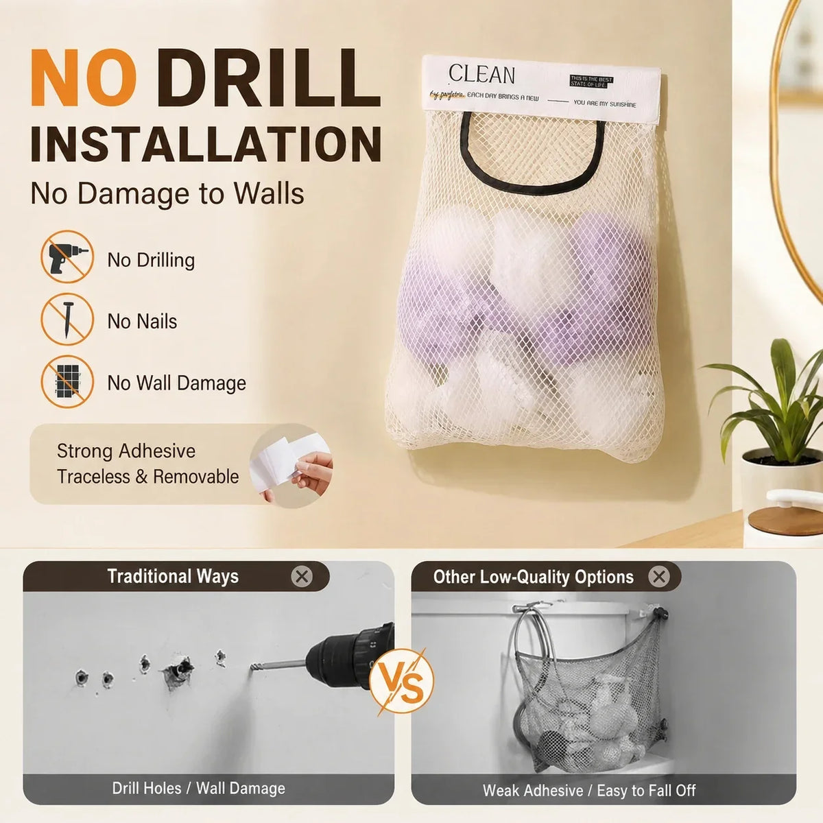 🔥LAST DAY 49% OFF - No-Drill Hanging Mesh Storage Bag | Adhesive Wall Organizer