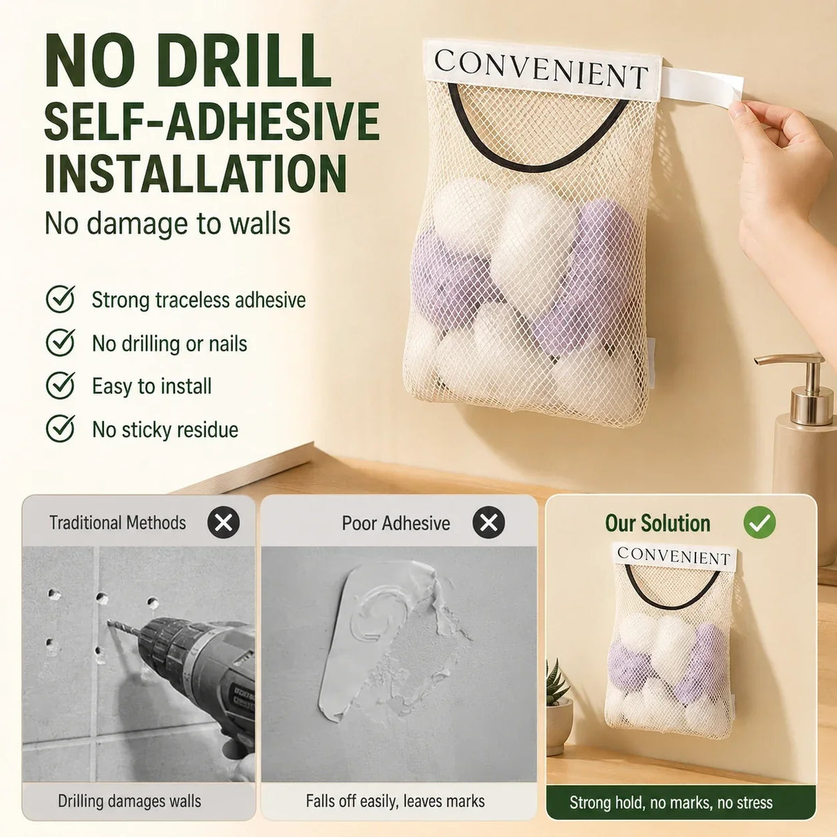 🔥LAST DAY 49% OFF - No-Drill Hanging Mesh Storage Bag | Adhesive Wall Organizer