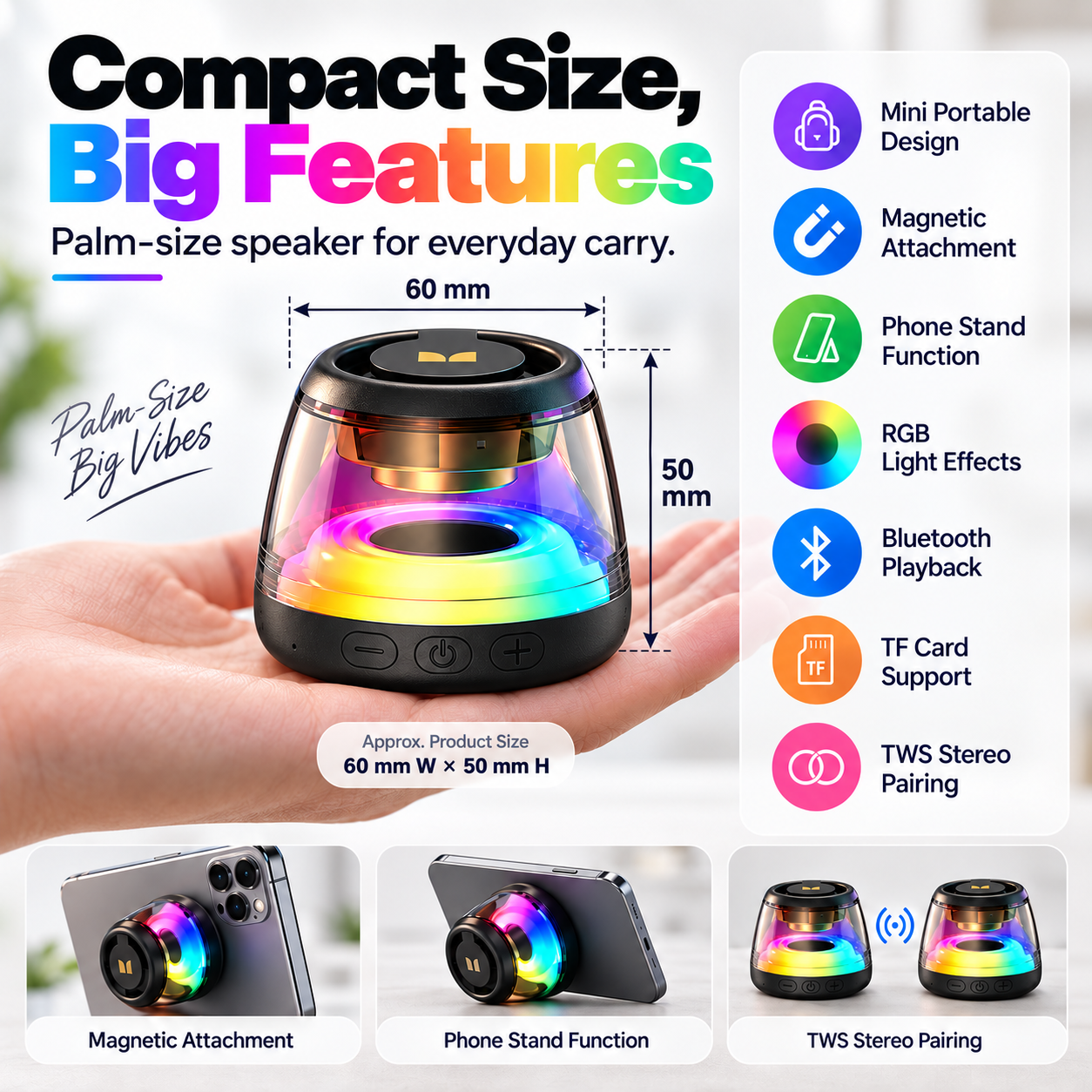 🎵 Bluetooth 6.0 Portable Speaker – RGB Lights, 360° TWS Stereo Sound, Magnetic Design, Long Battery Life