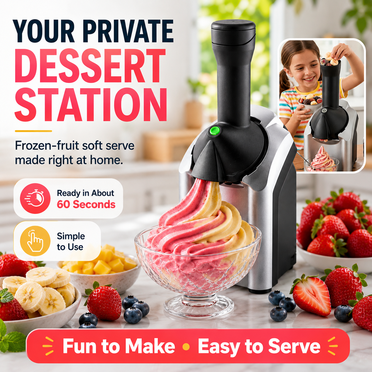 🍦Family Fruit Ice Cream Maker | 100% Natural Sugar-Free Desserts, BPA-Free & Safe For Children