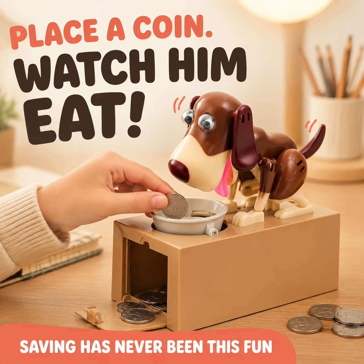 🐶 Hungry Dog Coin Bank – Interactive Saving Toy for Kids & Adults – Batteries Not Included