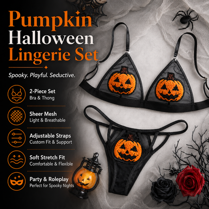 🎃 Sequin Pumpkin Sheer Lingerie Set – Halloween Two-Piece Outfit