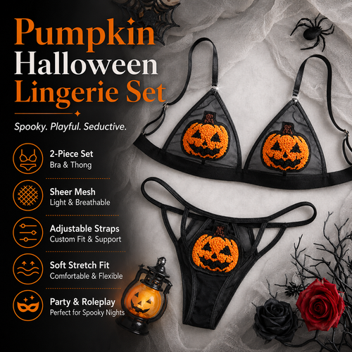 🎃 Sequin Pumpkin Sheer Lingerie Set – Halloween Two-Piece Outfit