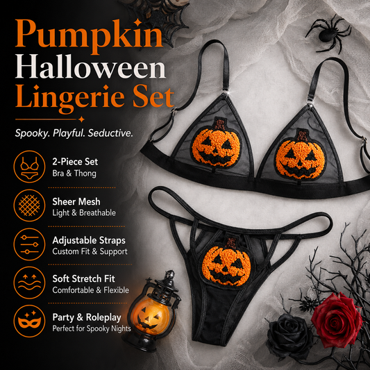 🎃 Sequin Pumpkin Sheer Lingerie Set – Halloween Two-Piece Outfit