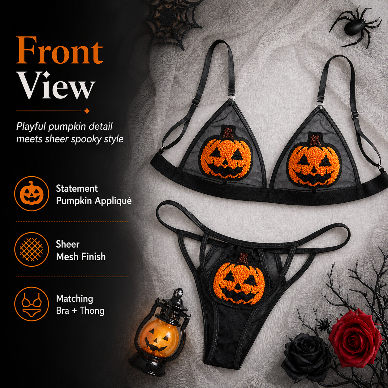 🎃 Sequin Pumpkin Sheer Lingerie Set – Halloween Two-Piece Outfit
