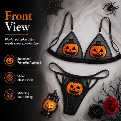 🎃 Sequin Pumpkin Sheer Lingerie Set – Halloween Two-Piece Outfit