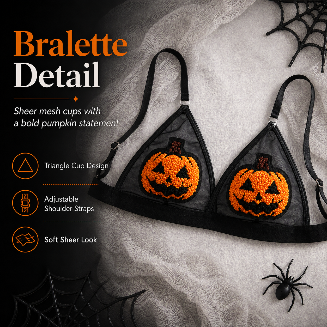 🎃 Sequin Pumpkin Sheer Lingerie Set – Halloween Two-Piece Outfit