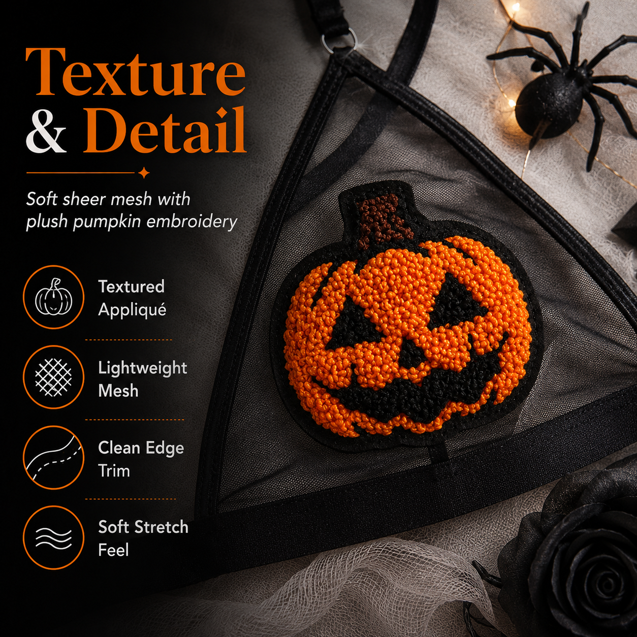 🎃 Sequin Pumpkin Sheer Lingerie Set – Halloween Two-Piece Outfit