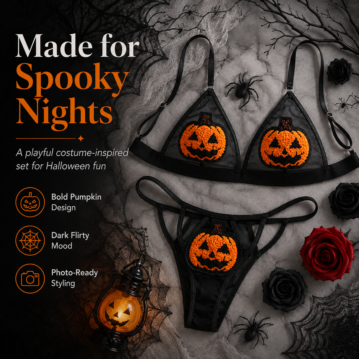🎃 Sequin Pumpkin Sheer Lingerie Set – Halloween Two-Piece Outfit