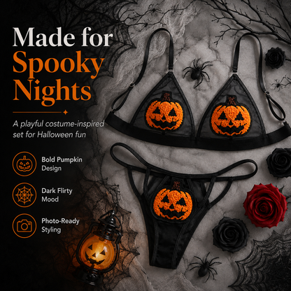 🎃 Sequin Pumpkin Sheer Lingerie Set – Halloween Two-Piece Outfit