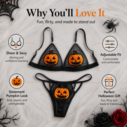 🎃 Sequin Pumpkin Sheer Lingerie Set – Halloween Two-Piece Outfit