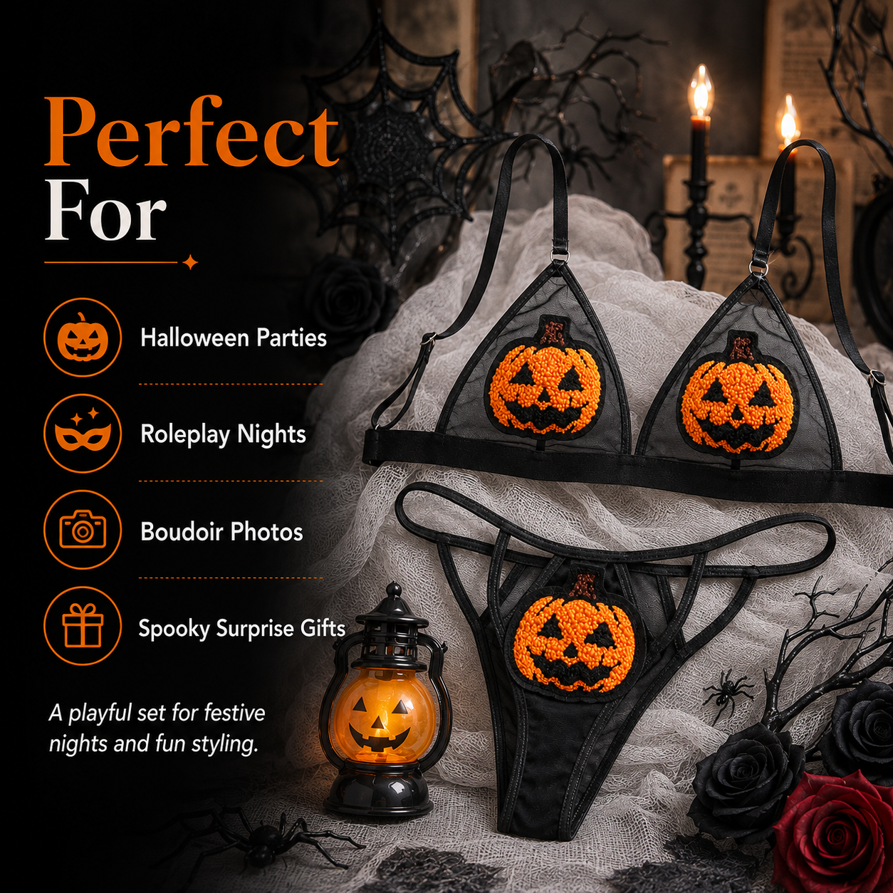 🎃 Sequin Pumpkin Sheer Lingerie Set – Halloween Two-Piece Outfit