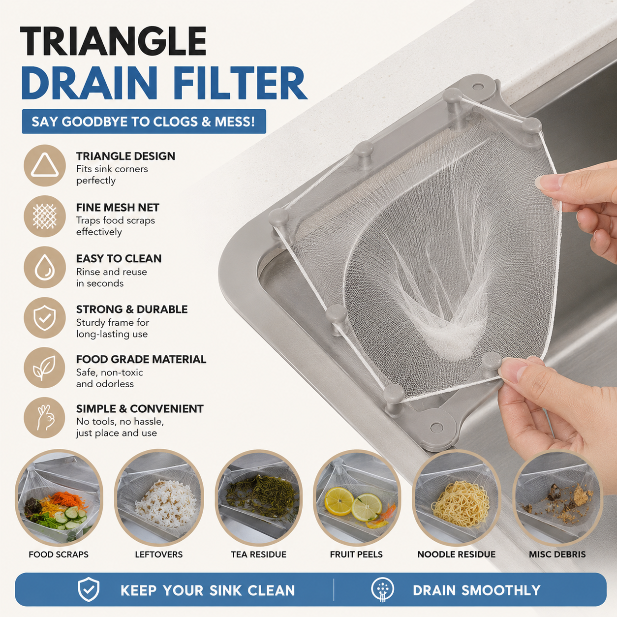 🗑️ Smart Kitchen Sink Food Scrap Strainer with 50 Disposable Mesh Bags – Helps Prevent Clogged Drains