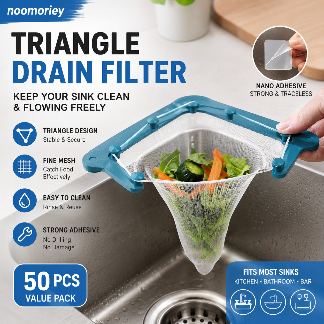 🗑️ Smart Kitchen Sink Food Scrap Strainer with 50 Disposable Mesh Bags – Helps Prevent Clogged Drains