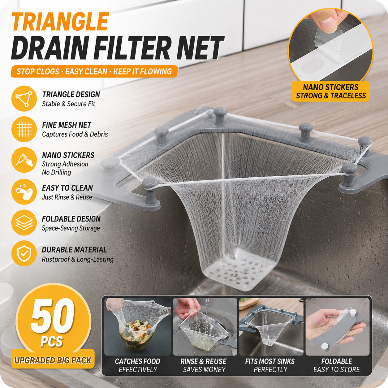 🗑️ Smart Kitchen Sink Food Scrap Strainer with 50 Disposable Mesh Bags – Helps Prevent Clogged Drains