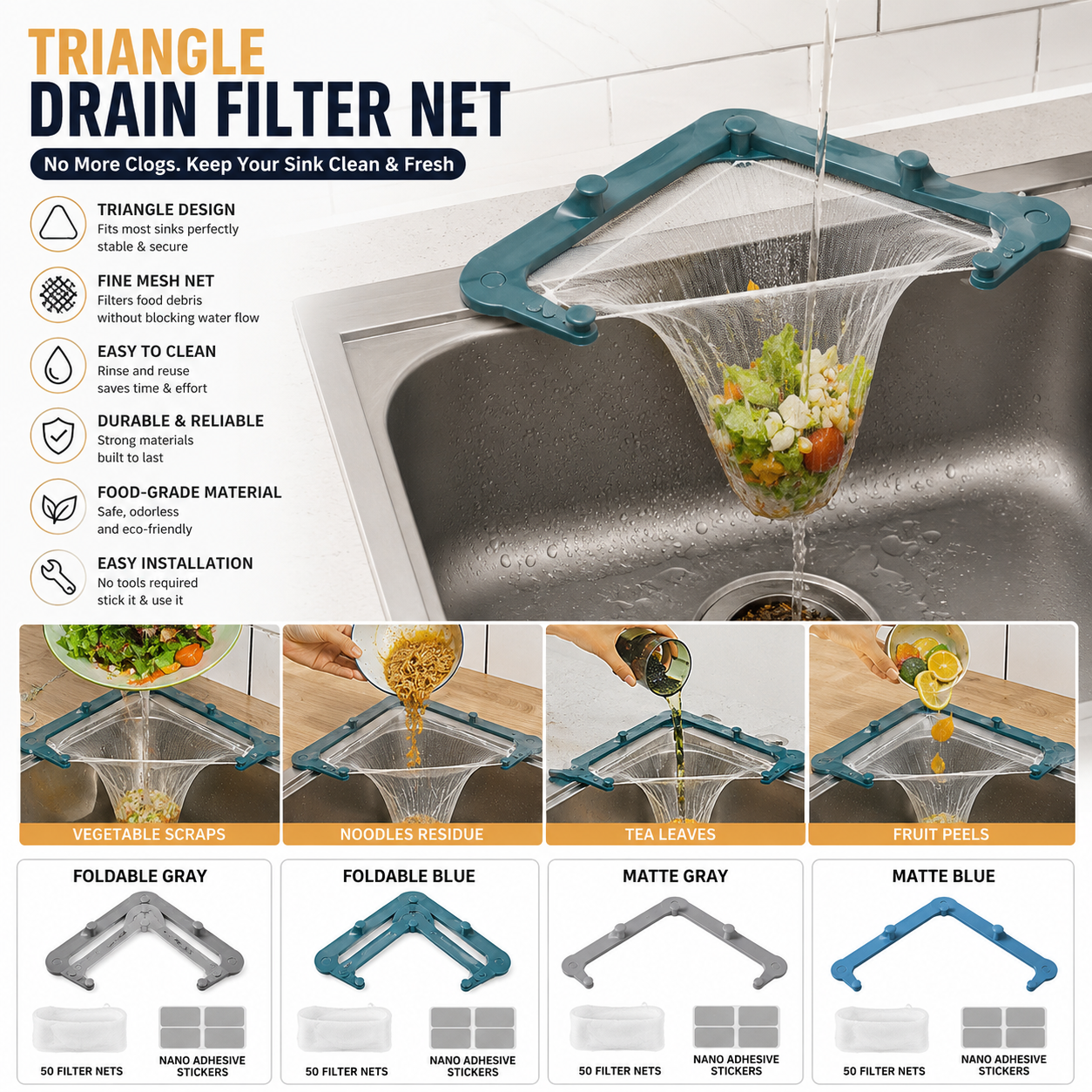 🗑️ Smart Kitchen Sink Food Scrap Strainer with 50 Disposable Mesh Bags – Helps Prevent Clogged Drains